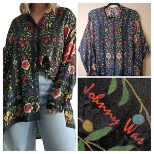 Johnny Was Blouse Sz XS Oversized 100% Silk Floral Flowy Button Up Long Sleeve